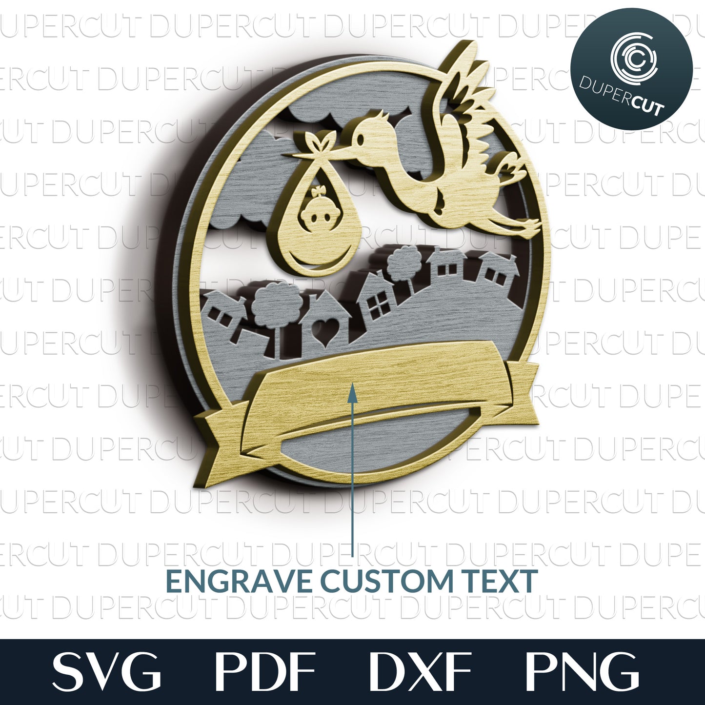 Baby shower gift, personalized round - stork with new baby - layered files. SVG PDF DXF template for laser cutting for Glowforge, CNC plasma machines.