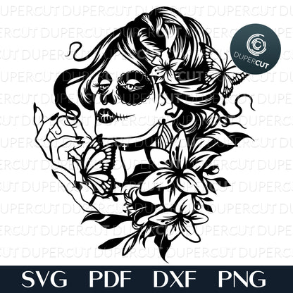 Cutting files - Female Sugar Skull - steampunk skull SVG PNG DXF cutting files for Cricut, Glowforge, Silhouette cameo, laser engraving