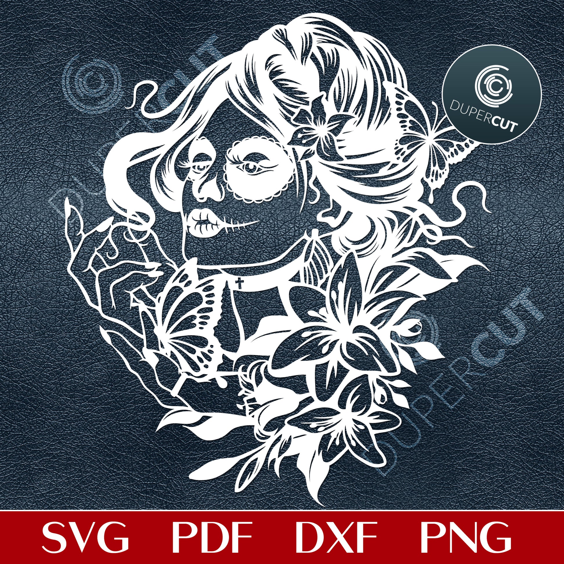 Girl Sugar Skull line art cutting files - steampunk skull SVG PNG DXF cutting files for Cricut, Glowforge, Silhouette cameo, laser engraving