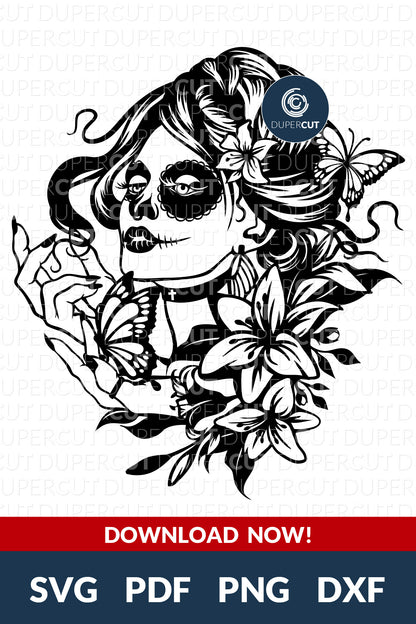 Woman Sugar Skull line art cutting files - steampunk skull SVG PNG DXF cutting files for Cricut, Glowforge, Silhouette cameo, laser engraving