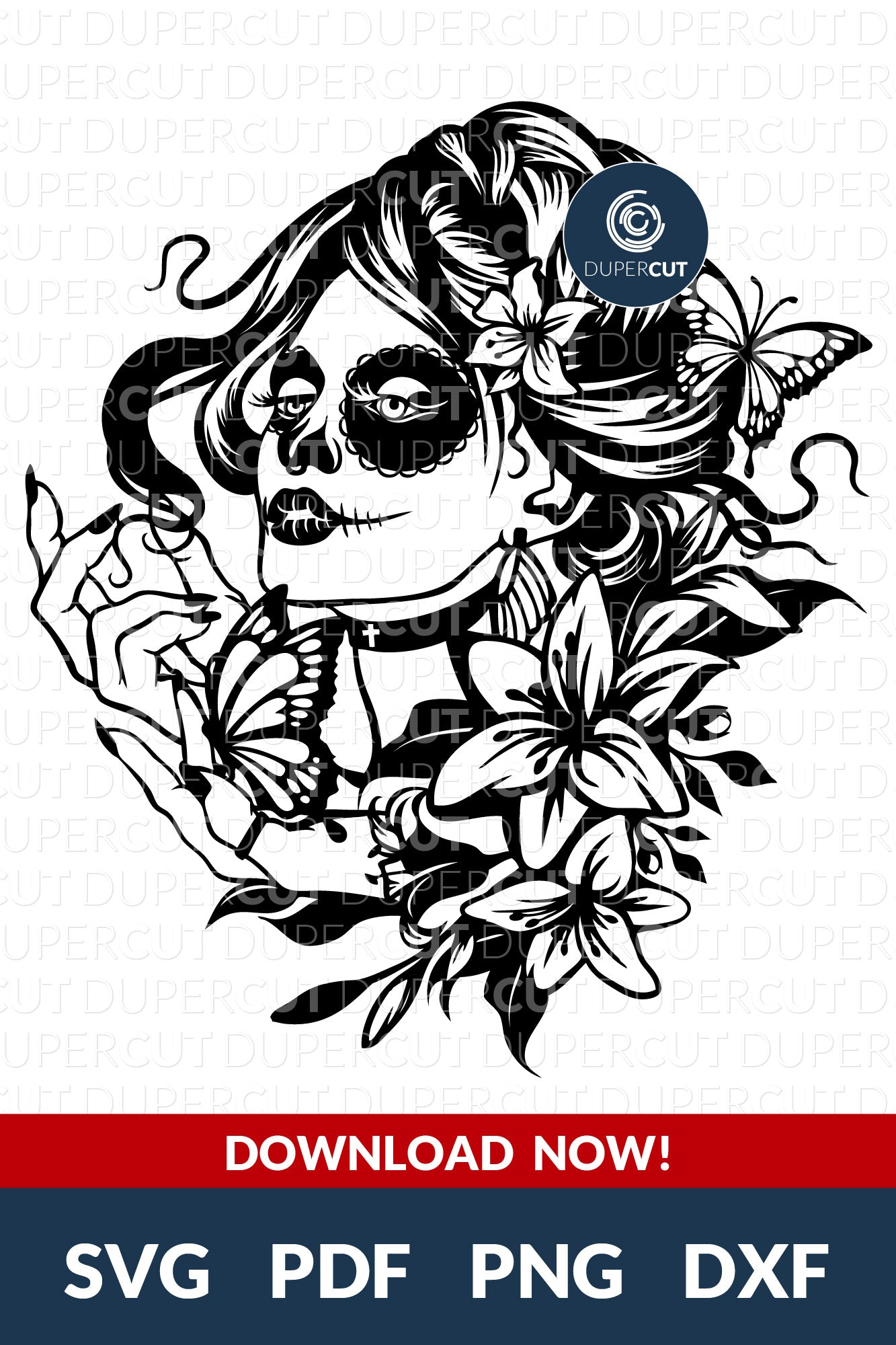 SUGAR SKULL WITH BUTTERFLY - SVG / PDF / DXF / PNG – DuperCut