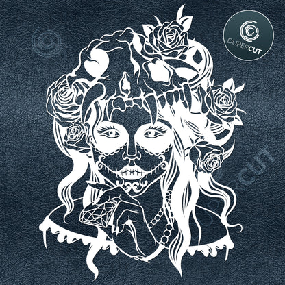 Female sugar skull, papercutting art  template - SVG DXF PNG files for Cricut, Glowforge, Silhouette Cameo, CNC Machines, commercial license