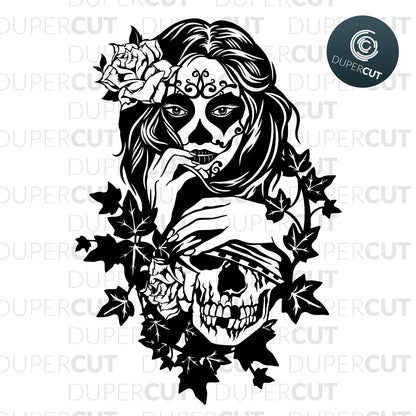 Paper cutting template - Girl Sugar Skull with Roses 
