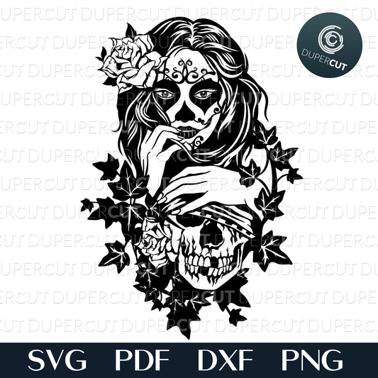 Girl sugar skull with roses, line art black illustration, papercutting  template - SVG DXF PNG files for Cricut, Glowforge, Silhouette Cameo, CNC Machines