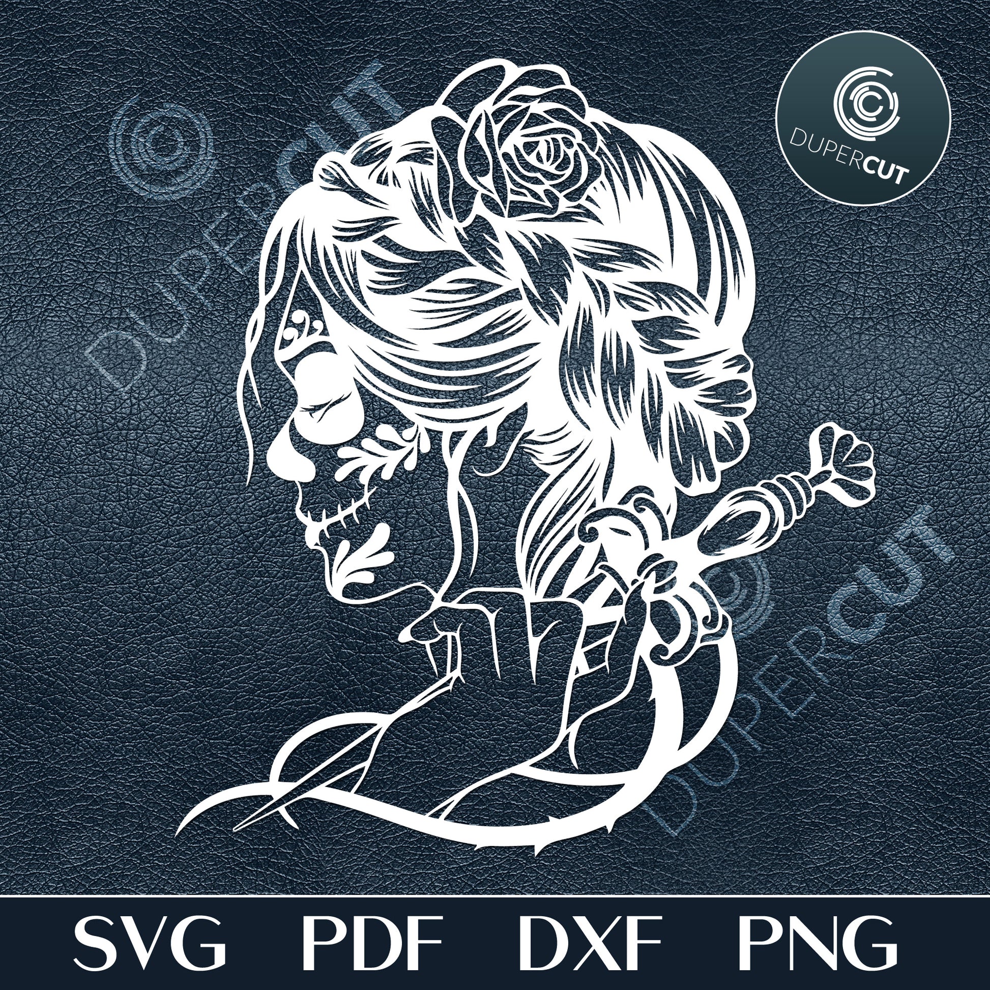 Female sugar skull with knife, detailed line art illustration, paper cutting  template - SVG DXF PNG files for Cricut, Glowforge, Silhouette Cameo, CNC Machines