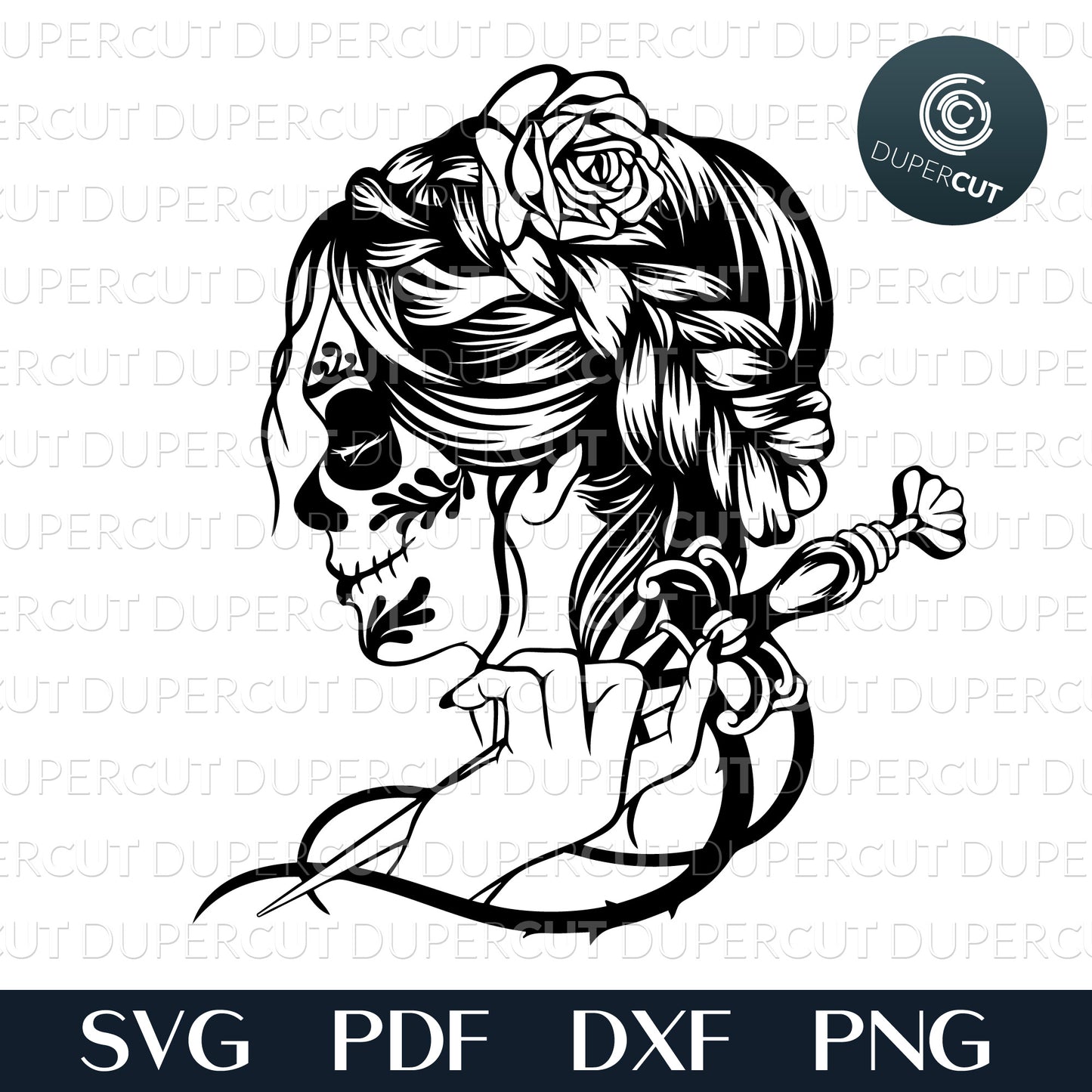 Girl sugar skull with dagger, day of the dead, cutting  template - SVG DXF PNG files for Cricut, Glowforge, Silhouette Cameo, CNC Machines