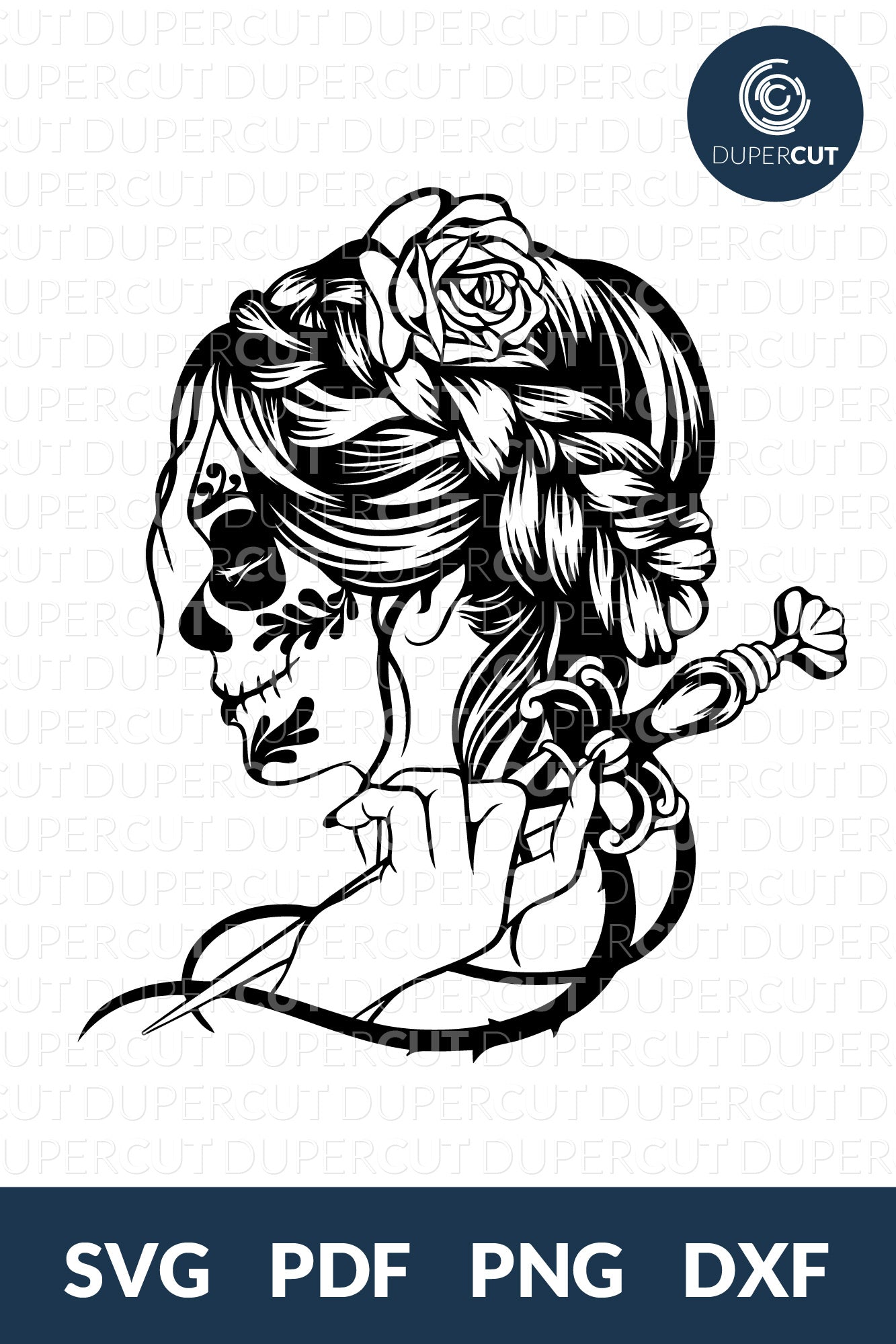 Woman sugar skull, dia de los muertos tattoo, cutting  template - SVG DXF PNG files for Cricut, Glowforge, Silhouette Cameo, CNC Machines