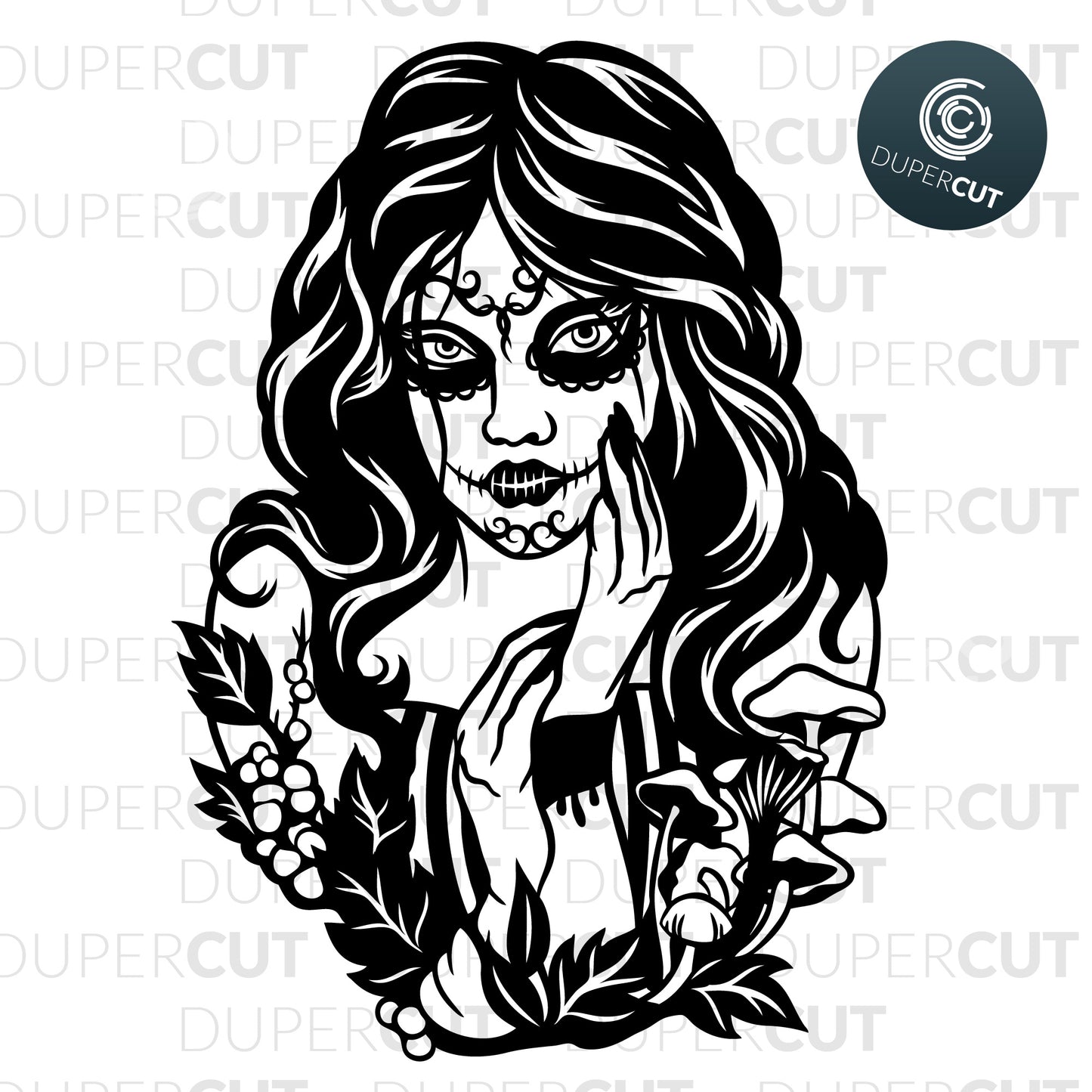 Paper cutting template - Day of the Dead Sugar Skull Girl Tattoo