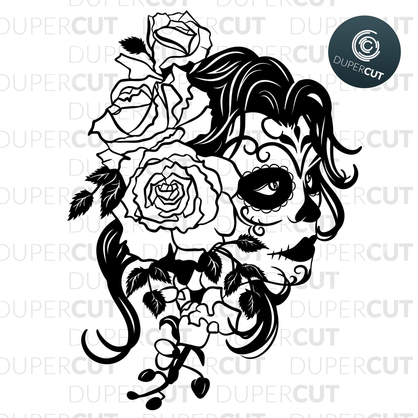 Paper cutting template - Female Sugar Skull with Roses