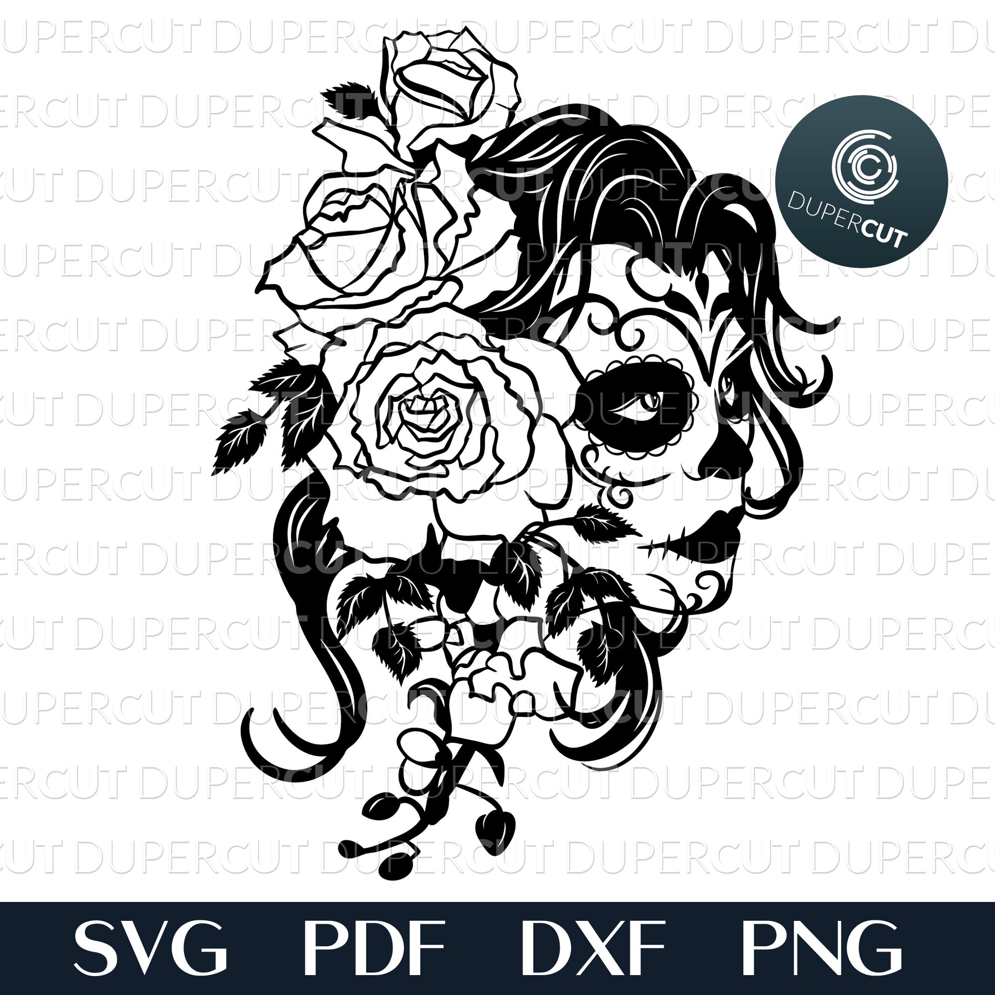 Paper cutting template - Sugar Skull Girl with Roses,  steampunk skull SVG PNG DXF cutting files for Cricut, Glowforge, Silhouette cameo, laser engraving