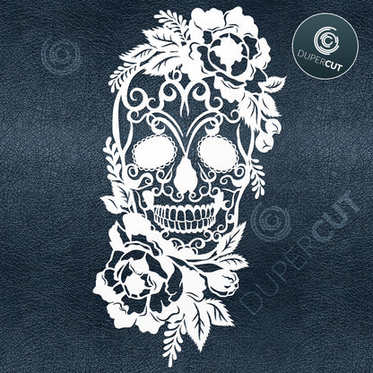 Mexican sugar skull with roses, tattoo style cutting  template - SVG DXF PNG files for Cricut, Glowforge, Silhouette Cameo, CNC Machines