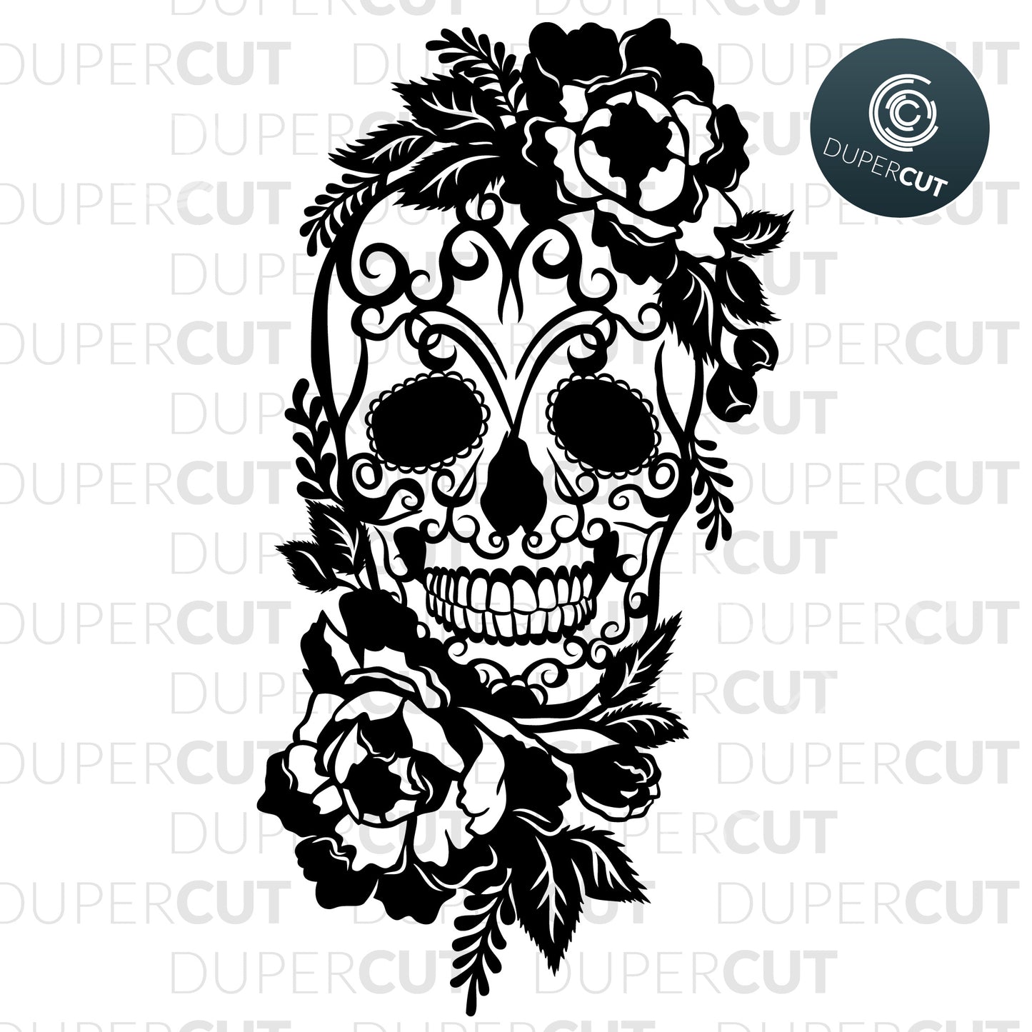 Sugar Skull with flowers, black and white detailed line art cutting  template - SVG DXF PNG files for Cricut, Glowforge, Silhouette Cameo, CNC Machines