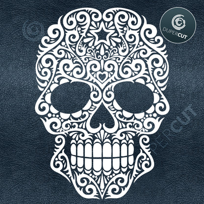 Swirl Skull cross stitch stencil design. SVG PNG DXF cutting files for Cricut, Silhouette, Glowforge, print on demand, sublimation templates