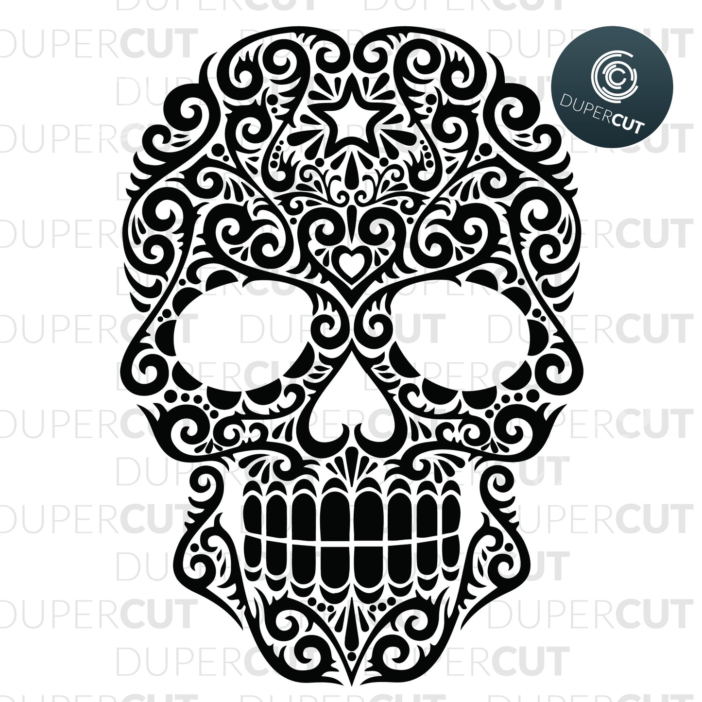 Sugar Skull swirl decorative design stencil. SVG PNG DXF cutting files for Cricut, Silhouette, Glowforge, print on demand, sublimation templates