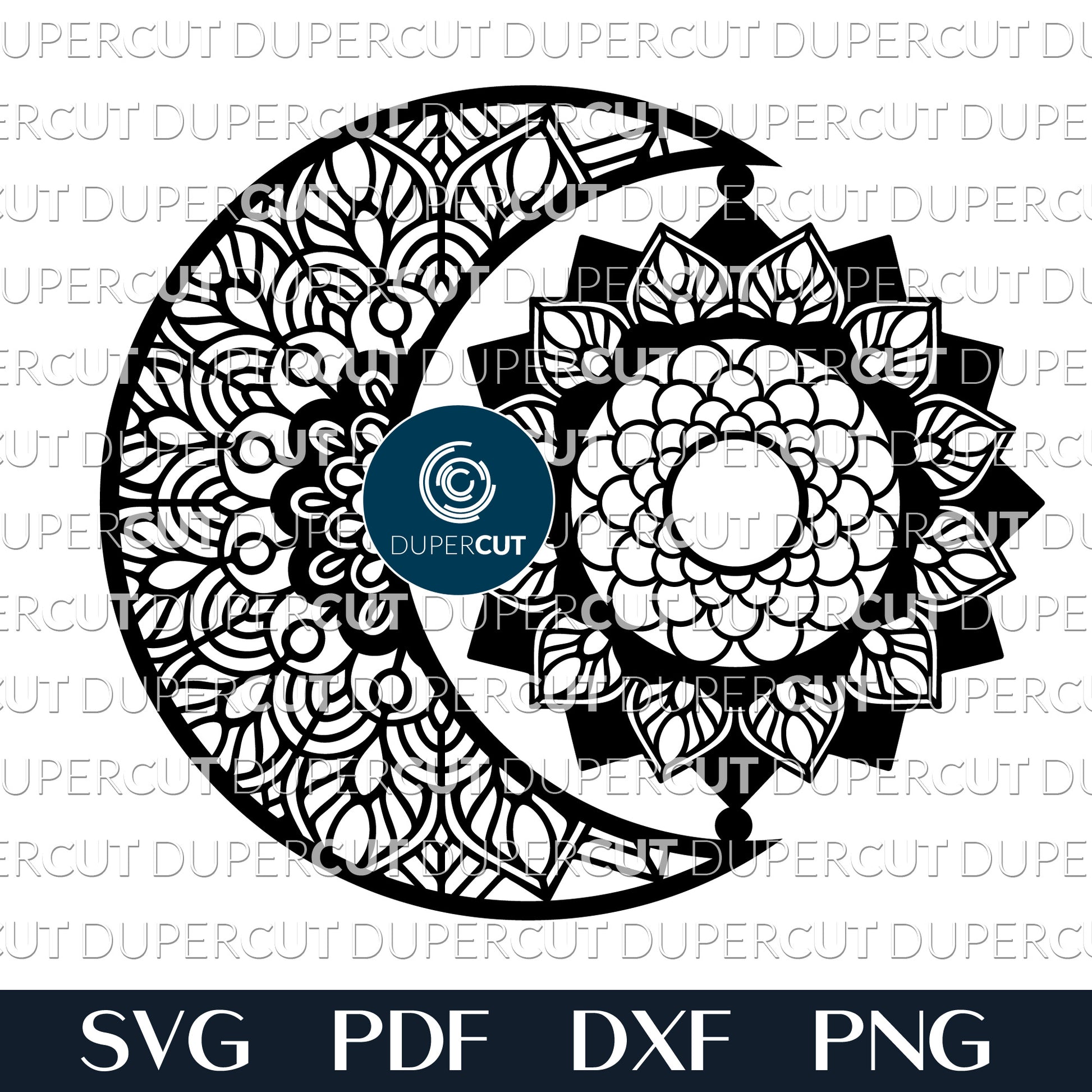 Sun moon mandala, paper cutting template - SVG DXF PNG files for Cricut, Glowforge, Silhouette Cameo, CNC Machines