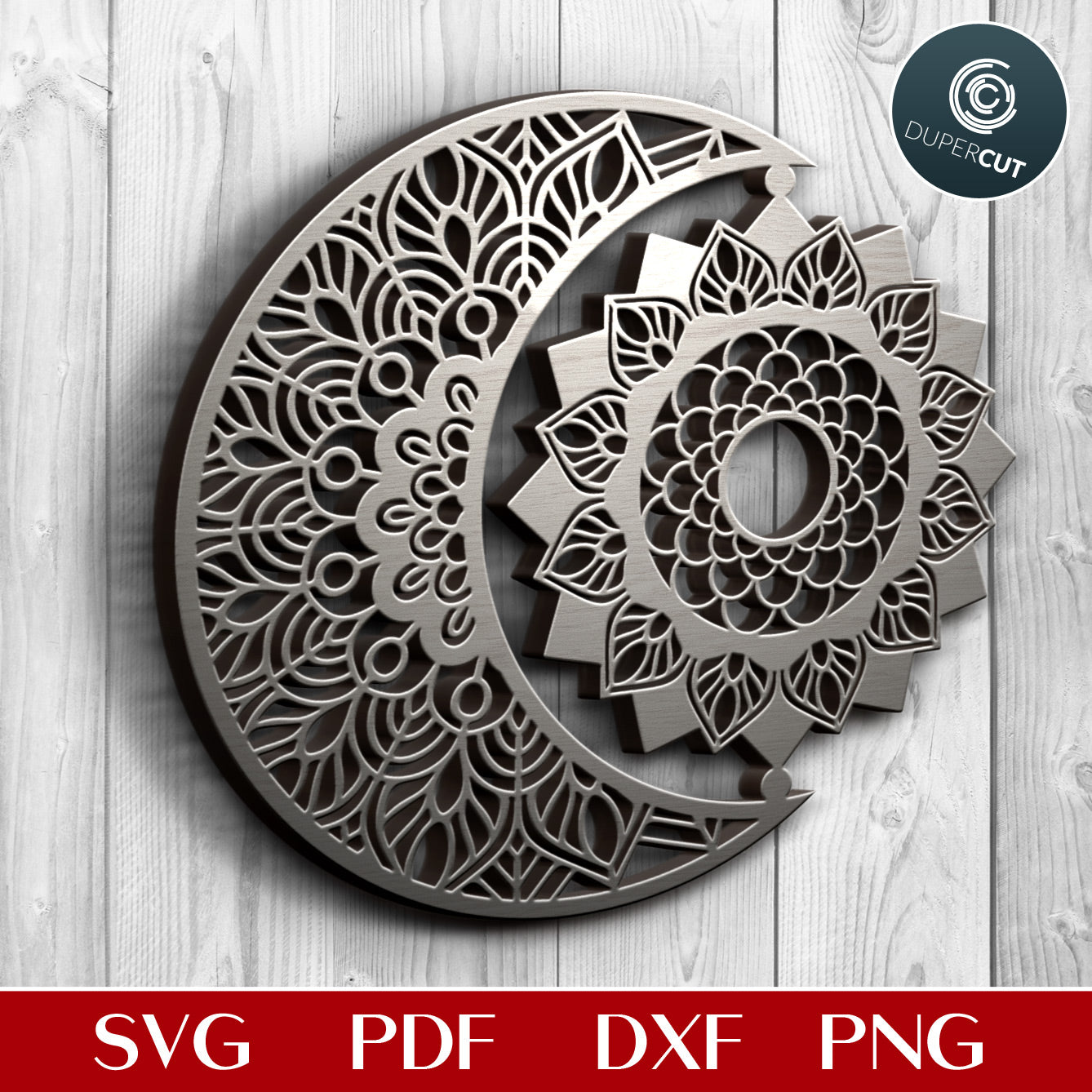 Sun and moon mandala - DIY wall decoration  - SVG PDF DXF vector laser cutting files for Glowforge, Cricut, Silhouette Cameo, CNC plasma machines