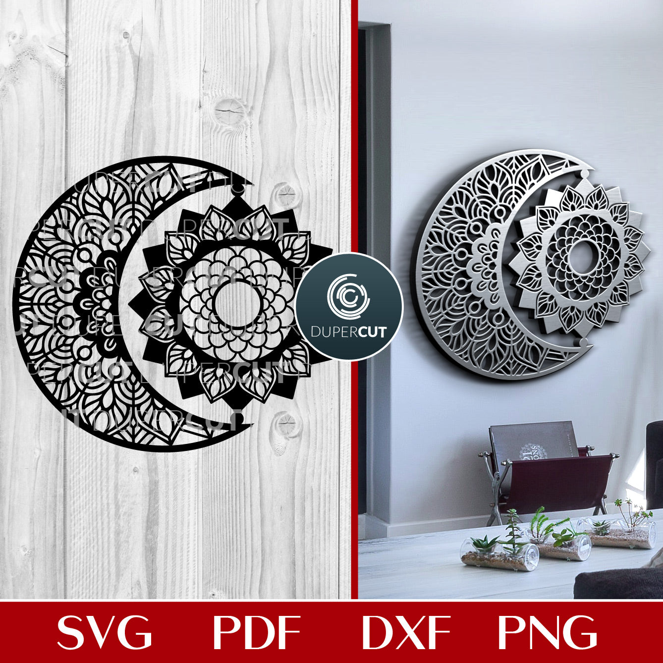 Sun moon mandala - SVG PDF DXF vector laser cutting files for Glowforge, Cricut, Silhouette Cameo, CNC plasma machines