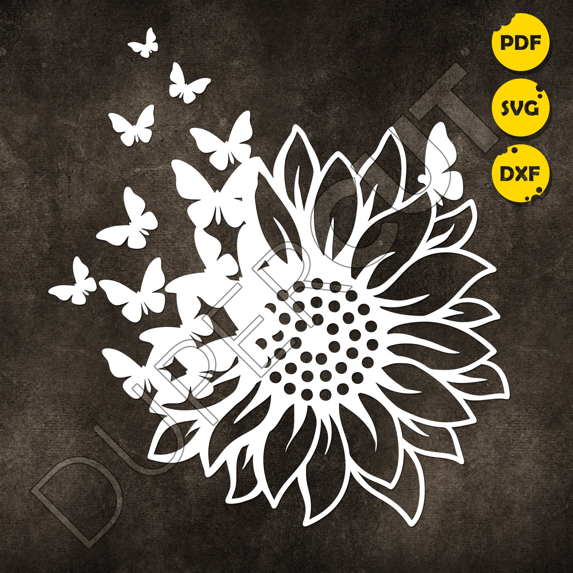 Sunflower with butterflies, vinyl cutting  template - SVG DXF PNG files for Cricut, Glowforge, Silhouette Cameo, CNC Machines
