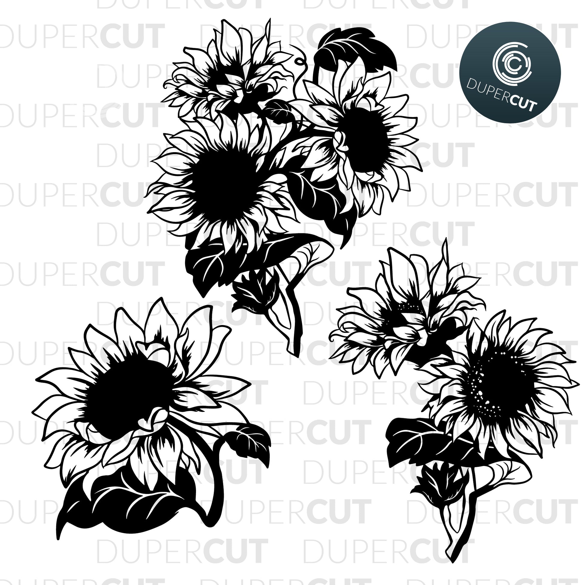 Sunflower vector line drawing, tattoo style  template - SVG DXF PNG files for Cricut, Glowforge, Silhouette Cameo, CNC Machines