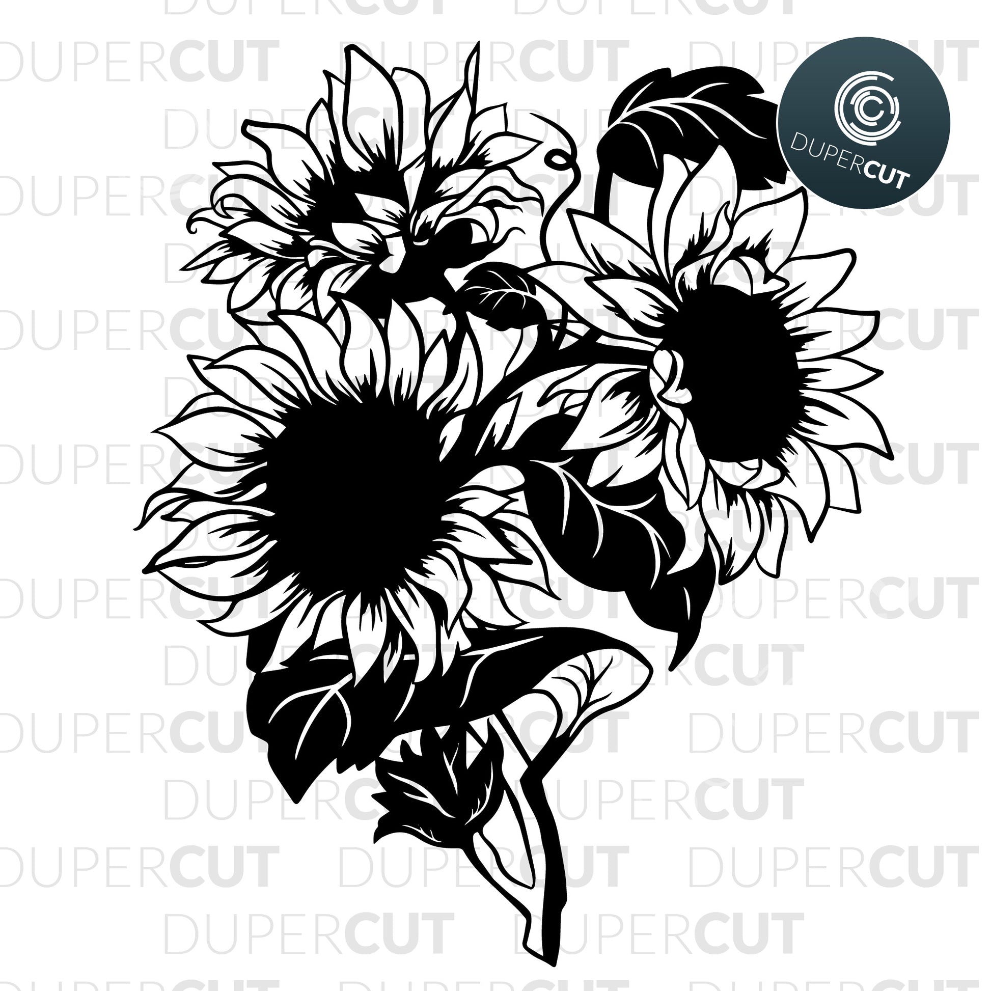 Sunflowers detailed vector illustration, print on demand  template - SVG DXF PNG files for Cricut, Glowforge, Silhouette Cameo, CNC Machines