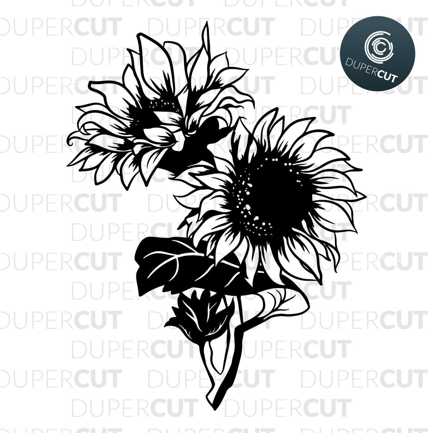 Sunflower bouquet, black and white illustration, cutting  template - SVG DXF PNG files for Cricut, Glowforge, Silhouette Cameo, CNC Machines