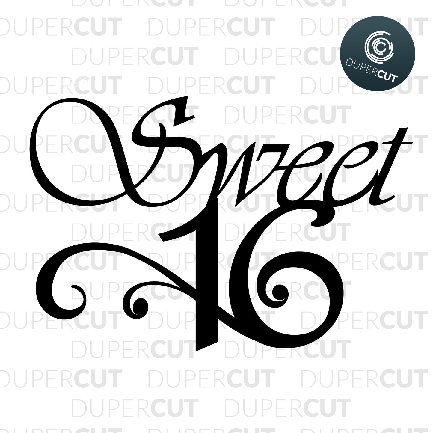 SVG PNG DXF sweet 16 DIY cake topper - paper cutting template, print on demand files, for Cricut, Grlowforge, Silhouette