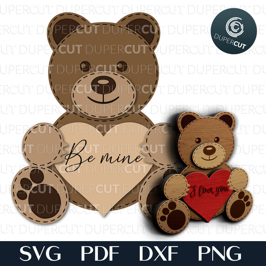 Teddy bear with heart - dual-layer Valentine's Day template - SVG PDF laser cutting files for Glowforge, Cricut, Silhouette, CNC Plasma machines
