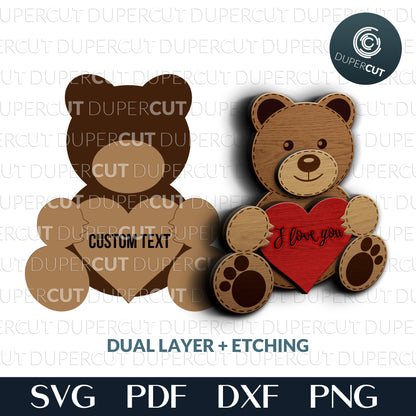 Personalized Teddy bear holding a heart - dual-layer Valentine's Day template - SVG PDF laser cutting files for Glowforge, Cricut, Silhouette, CNC Plasma machines