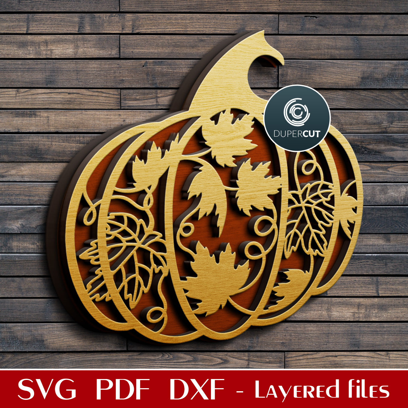 Thanksgiving pumpkin with fall leaves pattern SVG PNG DXF layered laser cutting files for Glowforge, CNC plasma machines, Cricut, Silhouette by DuperCut