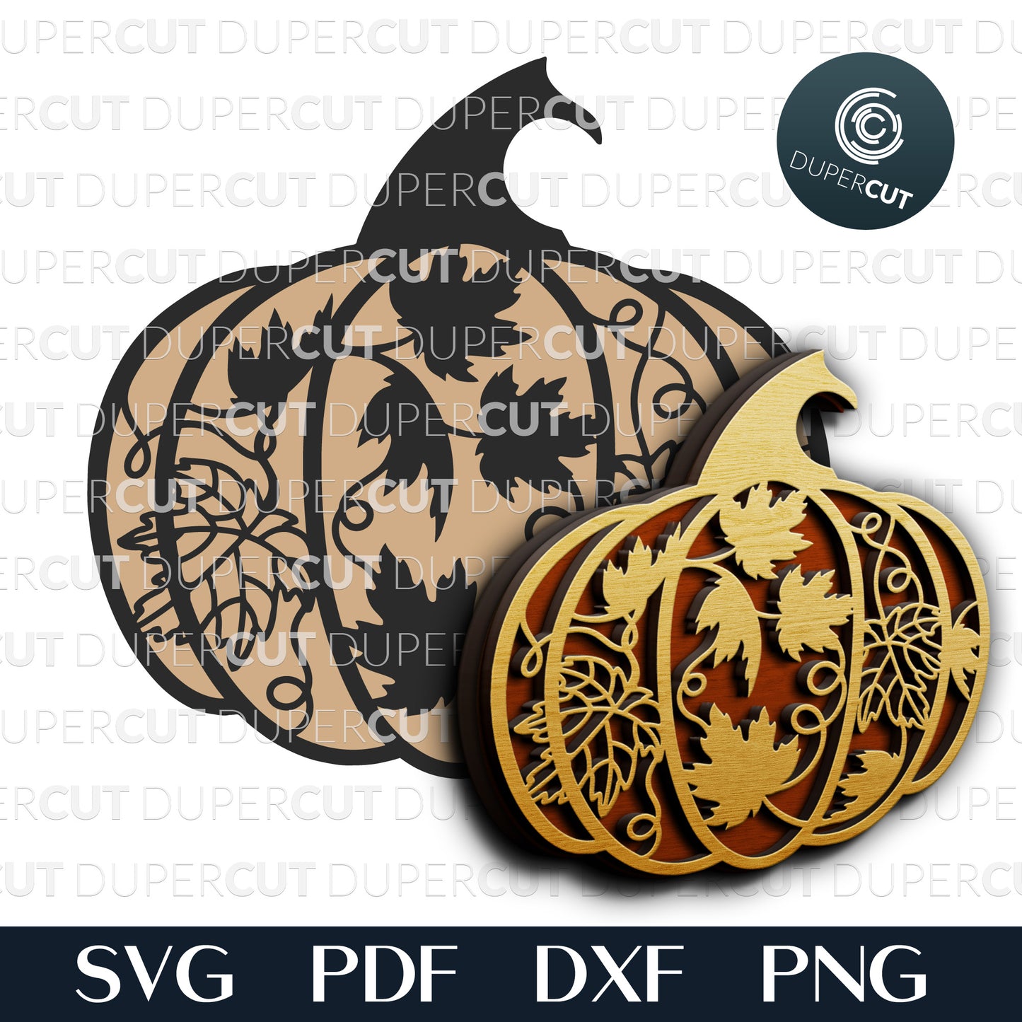 Autumn pumpkin with leaf pattern SVG PNG DXF layered laser cutting files for Glowforge, CNC plasma machines, Cricut, Silhouette by DuperCut