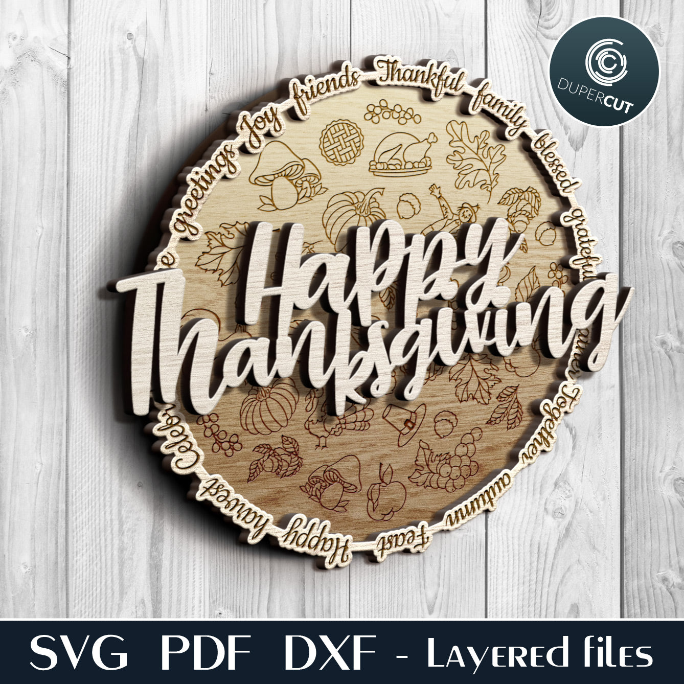 Thanksgiving day celebration wreath, layered round with engraved doodles - SVG PDF DXF files for Glowforge, Cricut, Silhouette cameo, CNC plasma machines