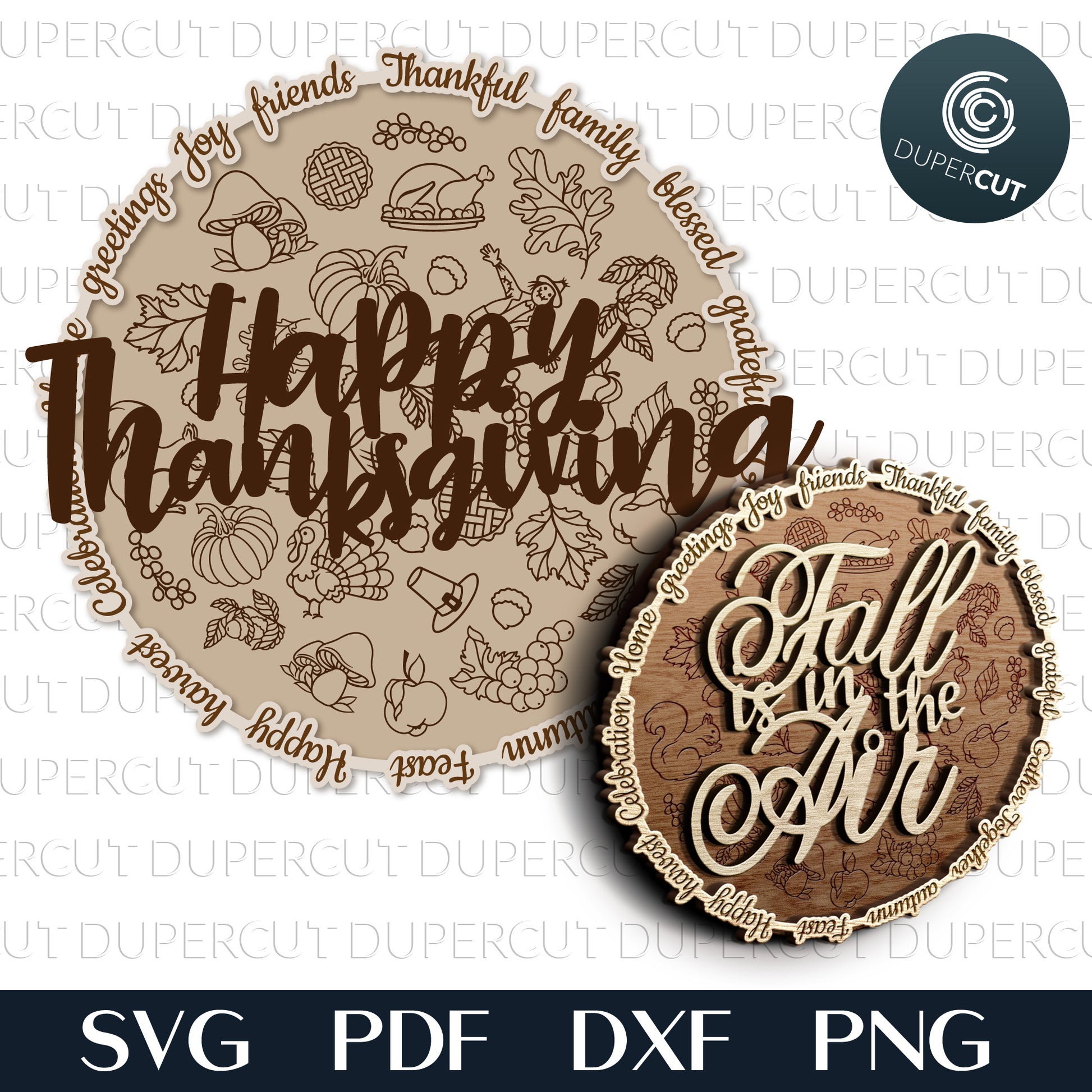 Happy Thanksgiving layered round with engraved doodles - SVG PDF DXF files for Glowforge, Cricut, Silhouette cameo, CNC plasma machines