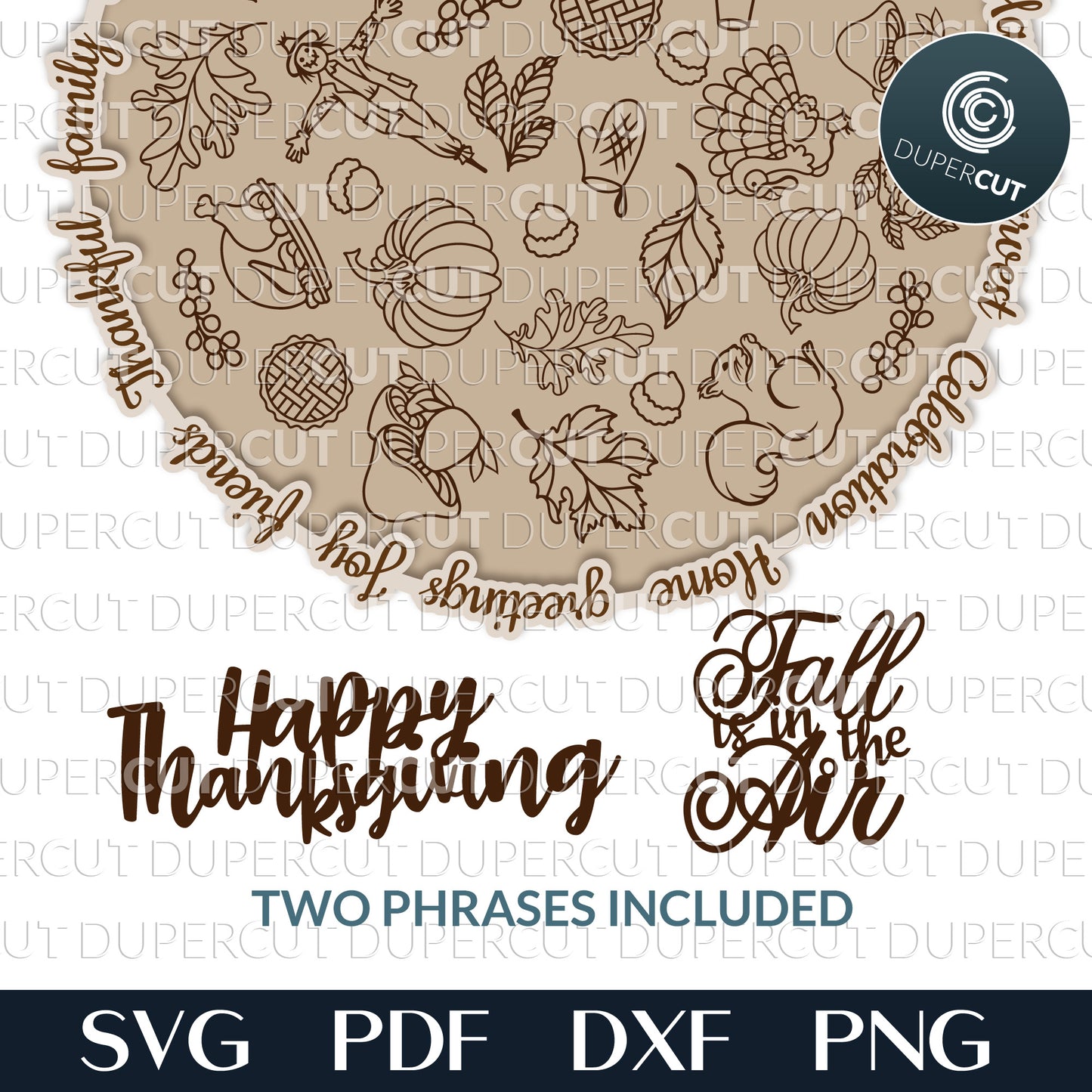Fall is in the air, Thanksgiving layered round with engraved doodles - SVG PDF DXF files for Glowforge, Cricut, Silhouette cameo, CNC plasma machines