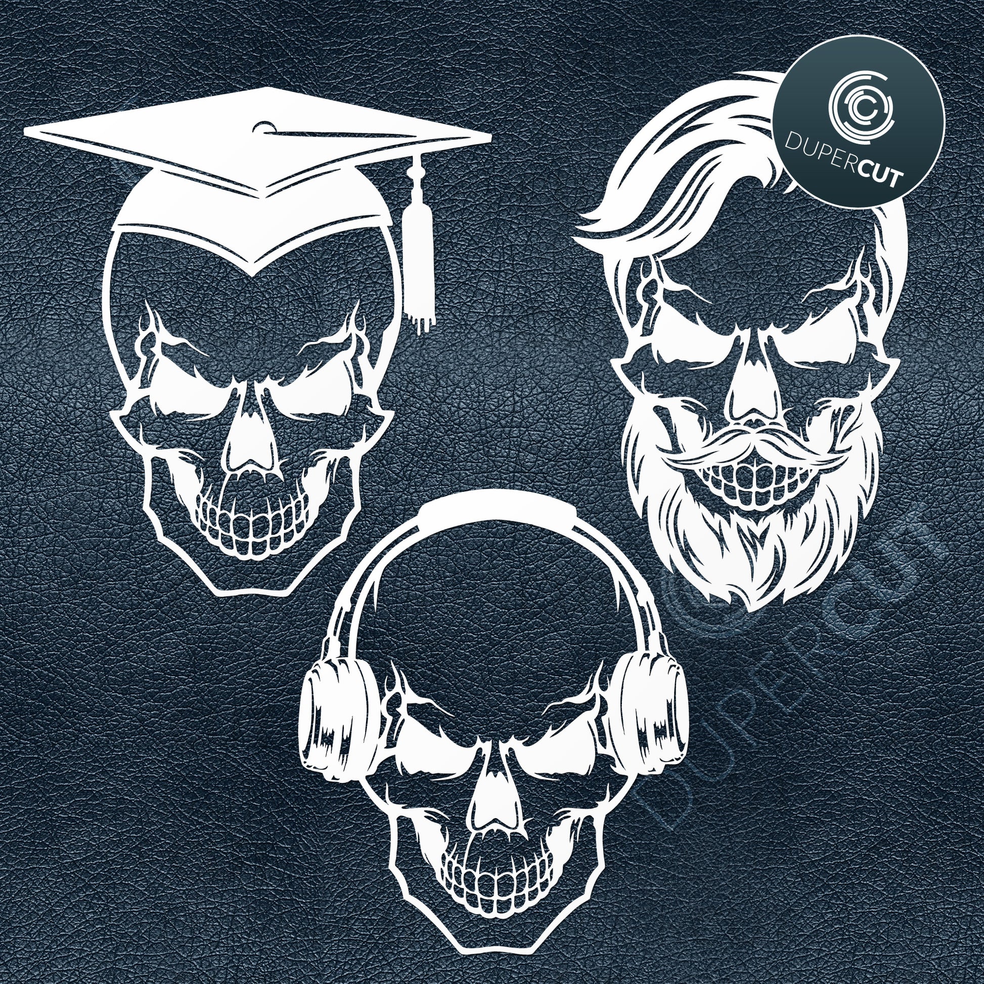 Skull faces, headphones, graduation, steampunk design. SVG PNG DXF cutting files for Cricut, Silhouette, Glowforge, print on demand, sublimation templates