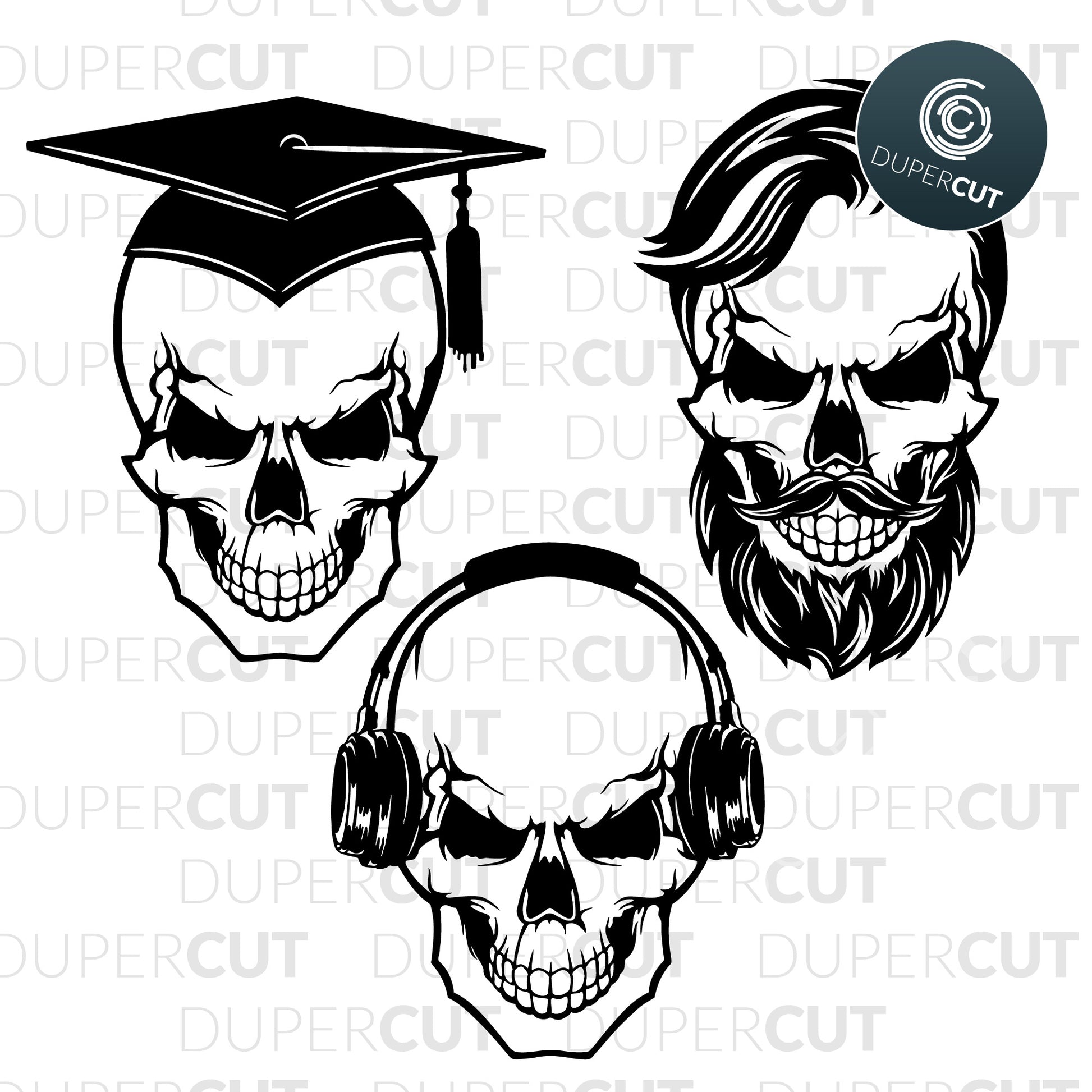Skull with headphones, skull with beard, skull with graduation hat. SVG PNG DXF cutting files for Cricut, Silhouette, Glowforge, print on demand, sublimation templates