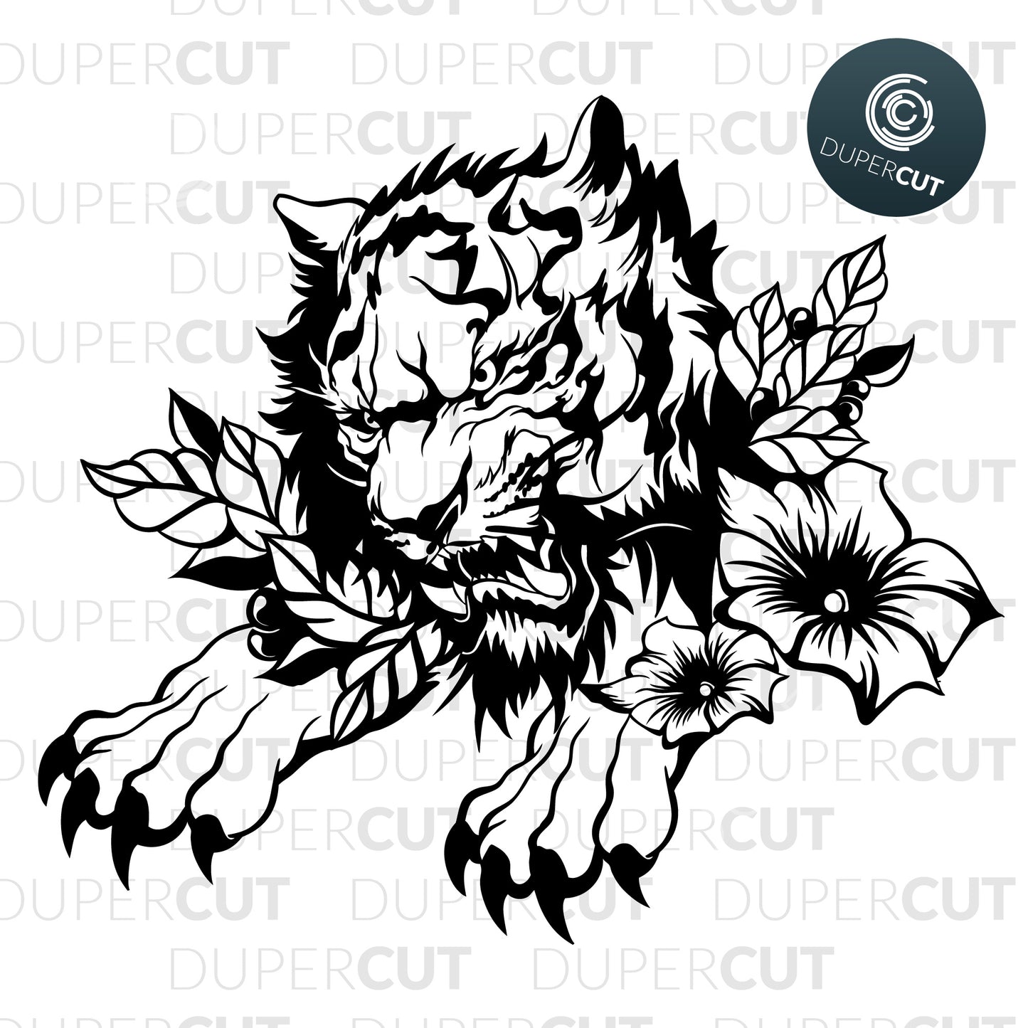 Roaring tiger line art illustration, tattoo style design. SVG PNG DXF cutting files for Cricut, Silhouette, Glowforge, print on demand, sublimation templates