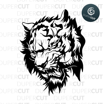 Angry tiger, black and white tattoo style art. SVG PNG DXF cutting files for Cricut, Silhouette, Glowforge, print on demand, sublimation templates