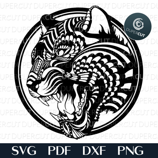 Laser files - Zentangle drawing roaring tiger. SVG PNG DXF cutting files for Cricut, Glowforge, Silhouette cameo, laser engraving