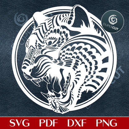 Paper cutting, vinyl, laser design - Zentangle drawing roaring tiger. SVG PNG DXF cutting files for Cricut, Glowforge, Silhouette cameo, laser engraving