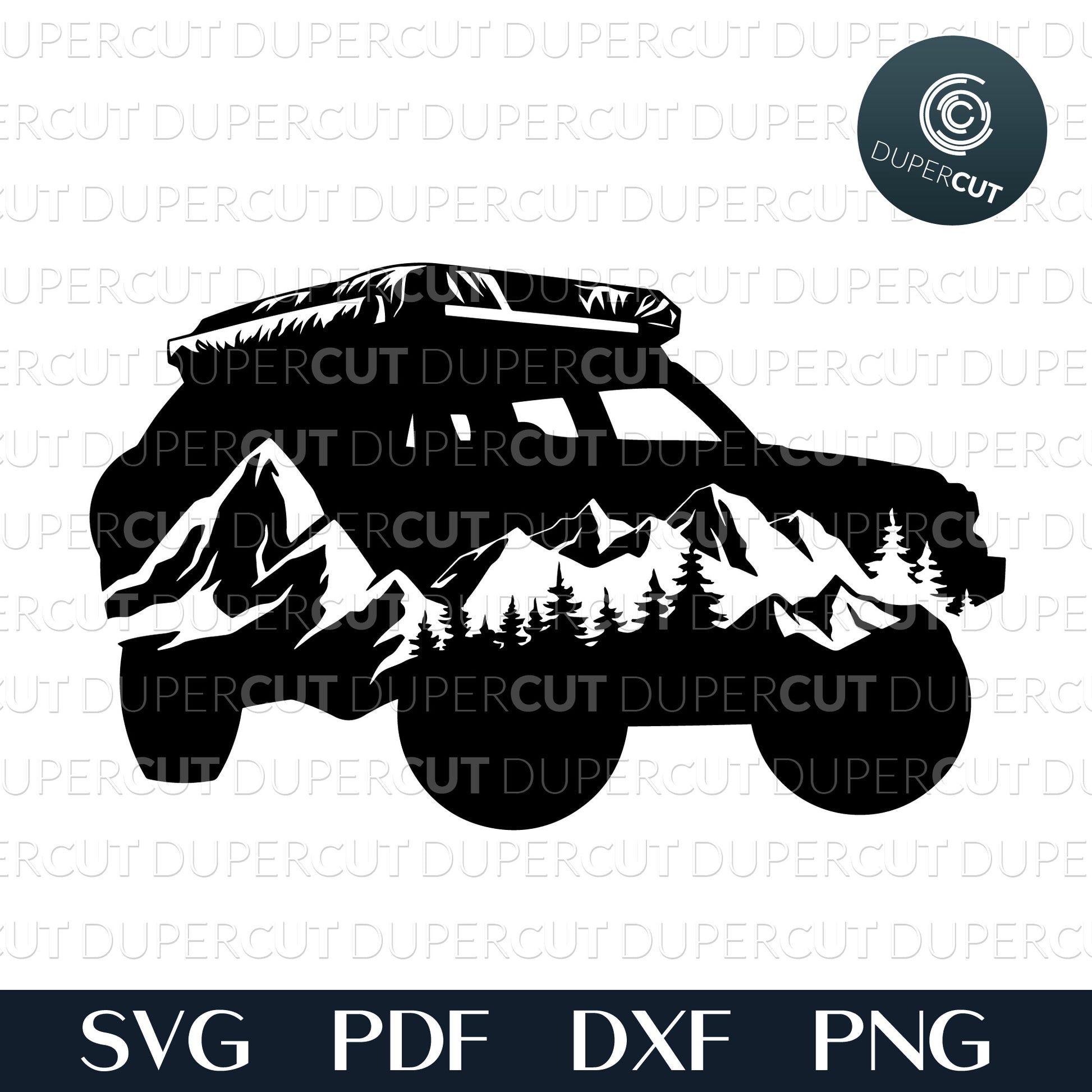 SVG PNG DXF toyota FJ curiser with mountains silhouette - paper cutting template, print on demand files, for Cricut, Grlowforge, Silhouette