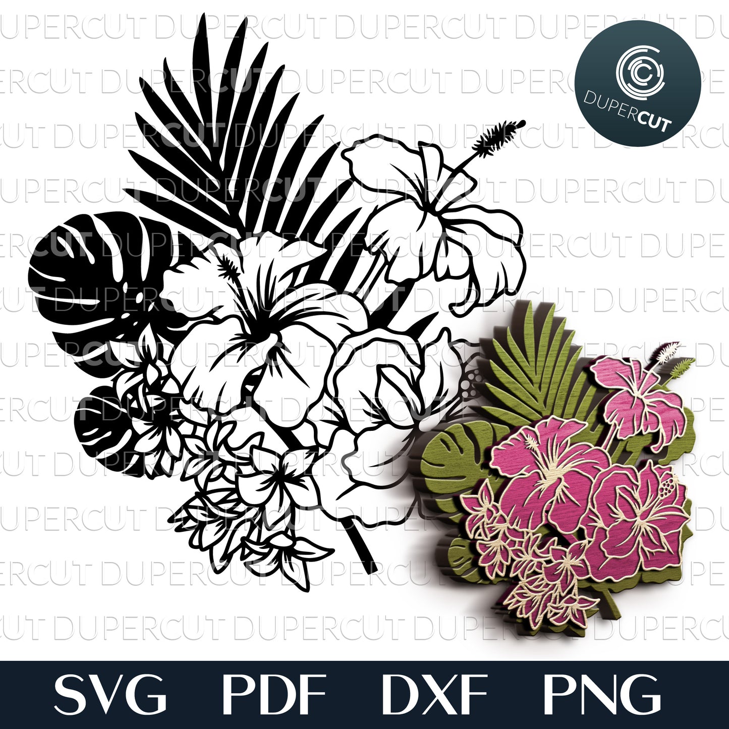 Tropical arrangement - layered cut files - SVG PDF DXF vector template for Glowforge, laser cutting machines, engraving, Cricut, Silhouette cameo