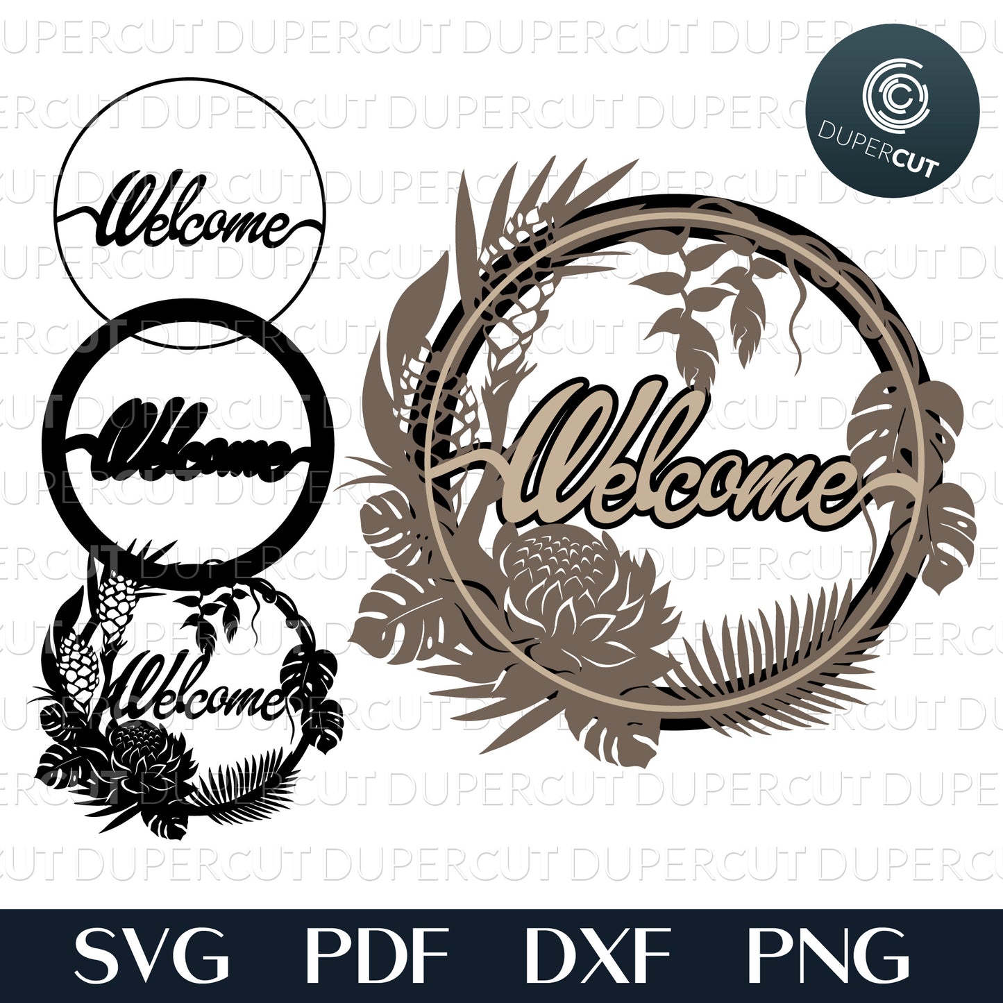 Tropical leaves welcome sign - layered laser cutting files SVG PDF DXF templates for commercial use. Glowforge, Cricut, Silhouette Cameo, CNC plasma machines