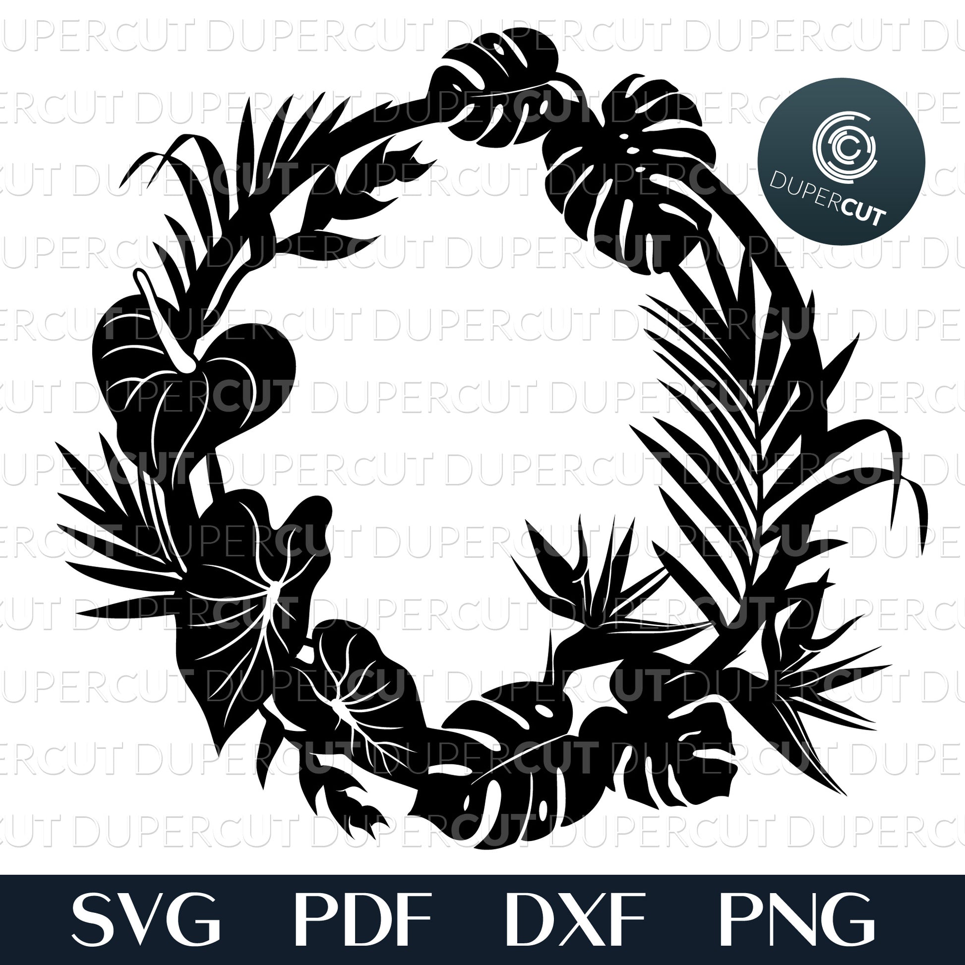 Tropical wreath, bird of paradise, palm leaves silhouette. SVG PNG DXF cutting files for Cricut, Glowforge, Silhouette cameo, laser engraving