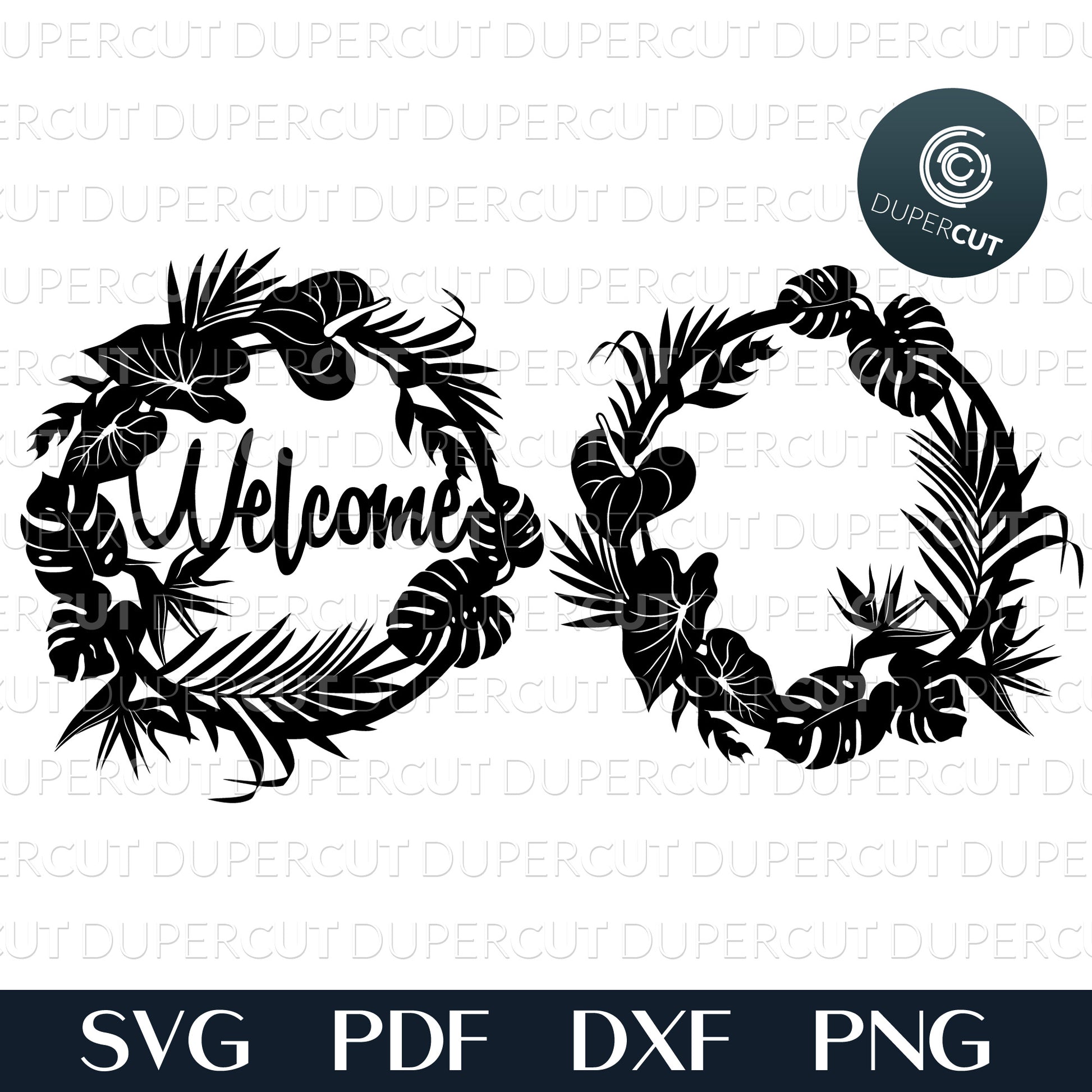 Tropical welcome sign, hawaiian leaves and flowers wreath.. SVG PNG DXF cutting files for Cricut, Glowforge, Silhouette cameo, laser engraving