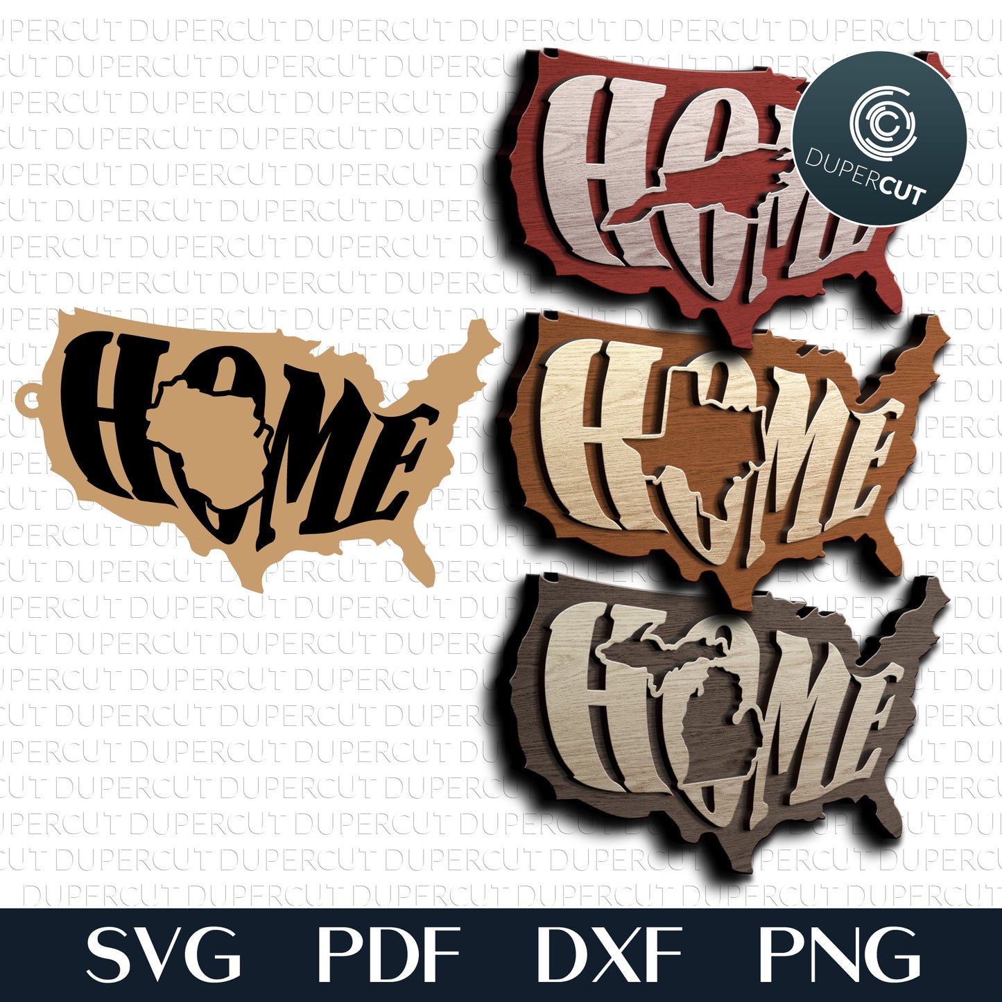 USA map states HOME design SVG layered cutting files for Glowfroge, Cricut, Silhouette, CNC plasma machines by DuperCut.com