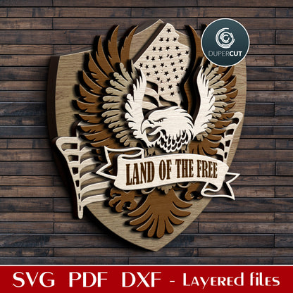 Bold eagle crest with USA flag - Independence Day decoration gift  - SVG DXF layered vector cutting files for Glowforge, Cricut, Silhouette Cameo, CNC plasma machines by DuperCut.com