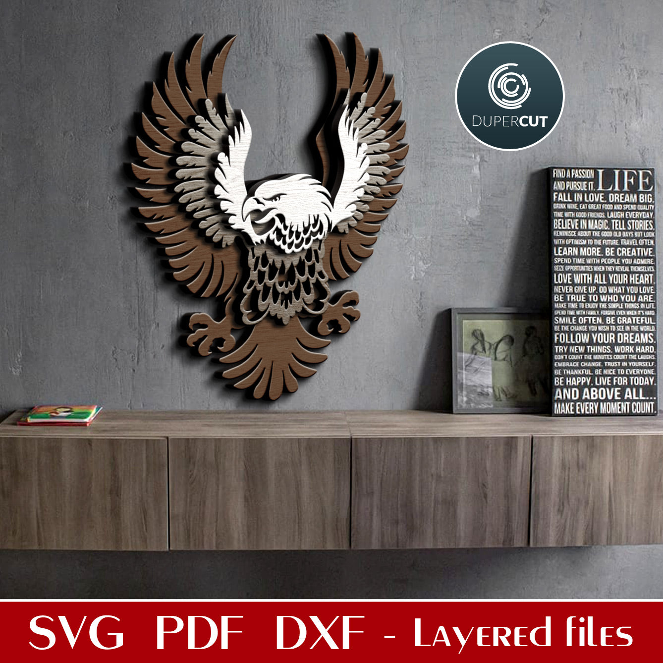 Eagle wall decoration pattern - SVG DXF layered vector cutting files for Glowforge, Cricut, Silhouette Cameo, CNC plasma machines by DuperCut.com