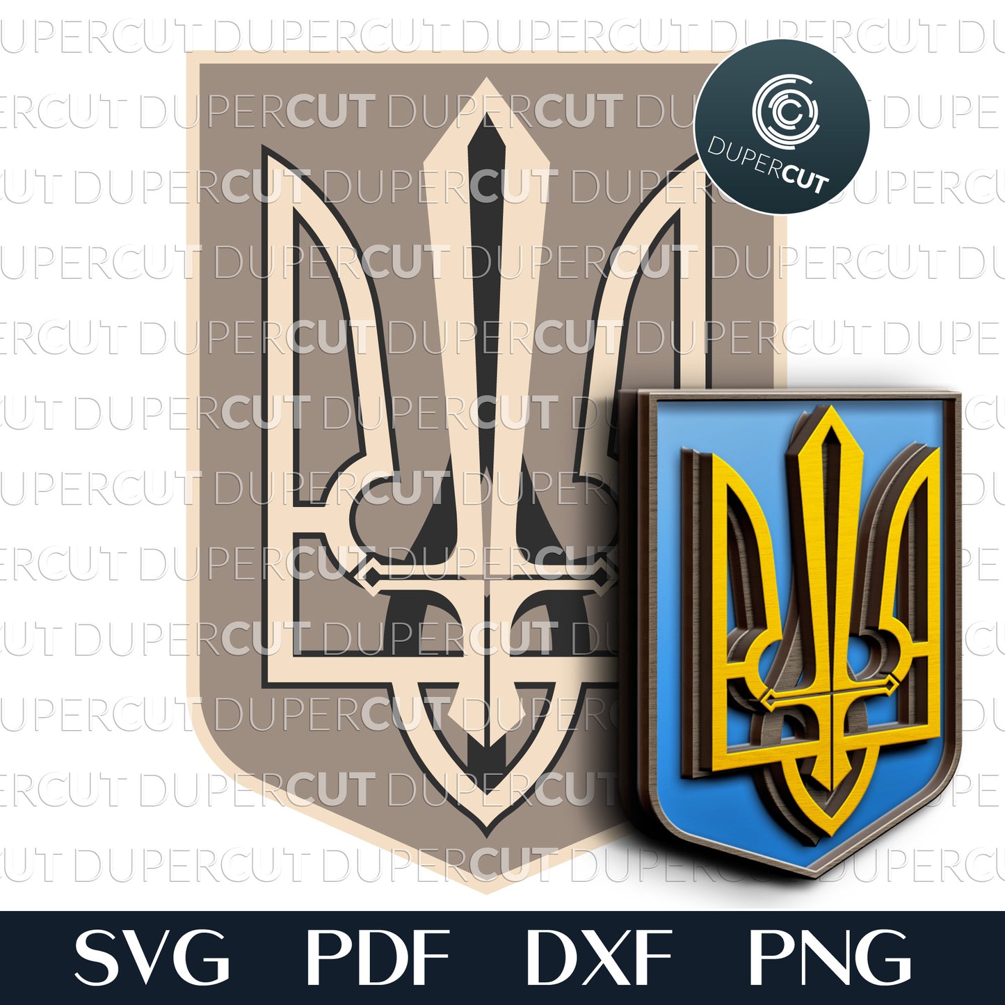 Ukrainian Trident Coat of Arms of Ukraine - SVG PDF DXF layered laser cutting files for Glowforge, Cricut, Silhouette, CNC plasma laser cutting machines by DuperCut