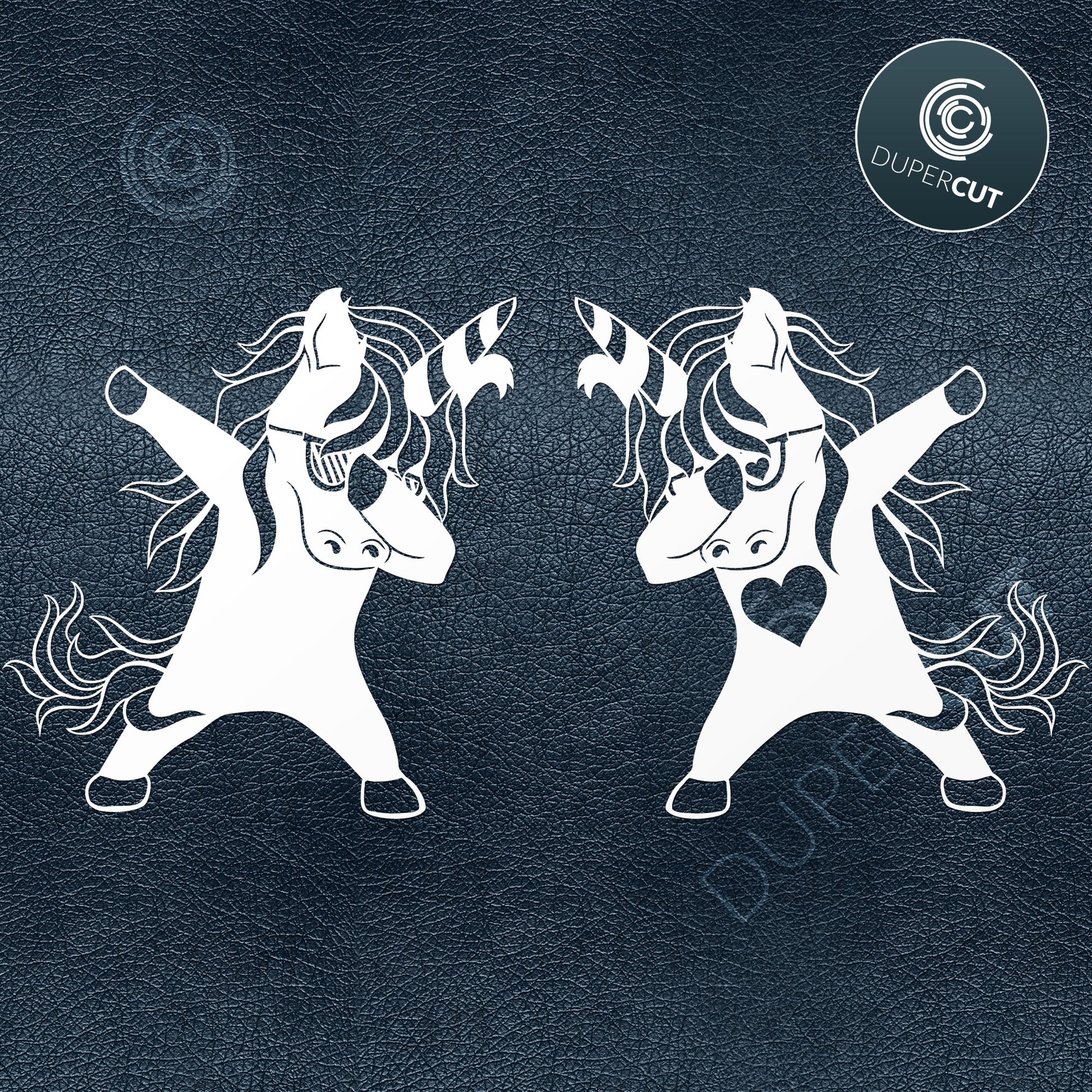 Dabbing unicorn with heart - SVG DXF laser cutting engraving vector files by DuperCut.com