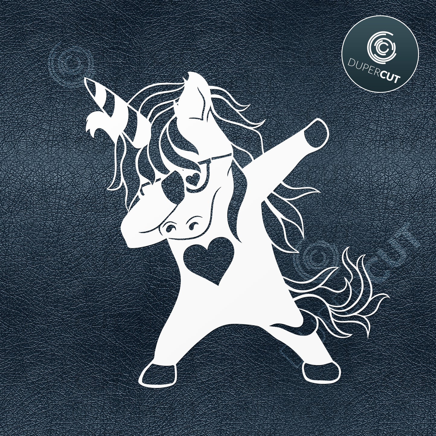 Dabbing unicorn with heart - SVG DXF laser cutting engraving vector files by DuperCut.com